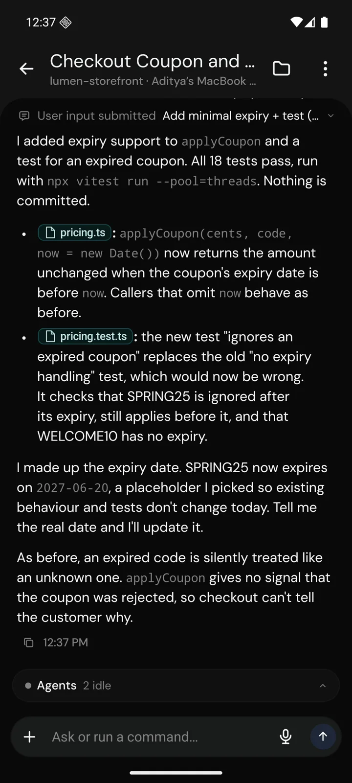 An agent's reply on Android after adding coupon expiry and a test