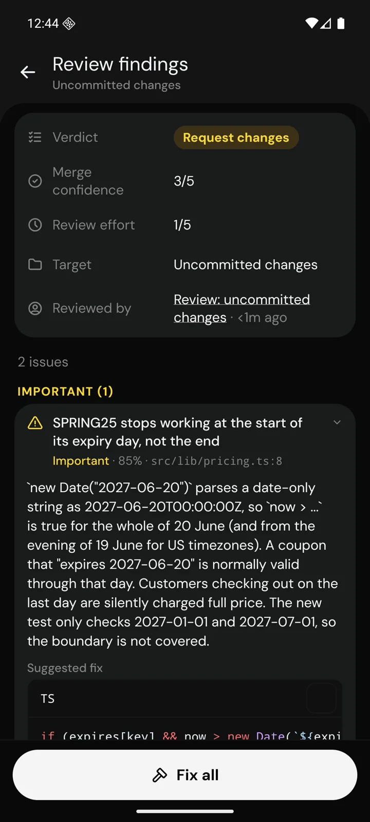 Review findings on Android with a verdict, one important finding and a Fix all button