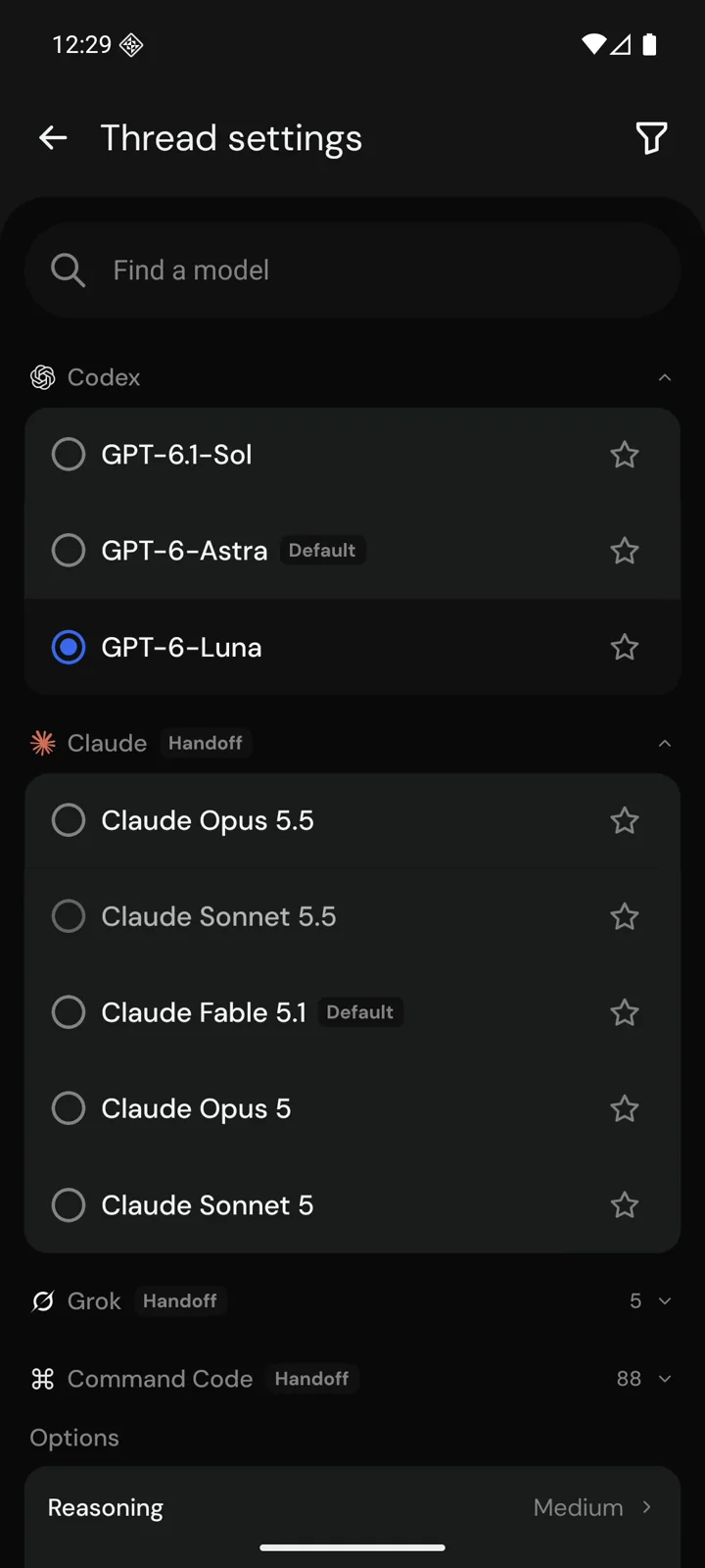 Thread settings on Android: models grouped by provider, with Handoff labels